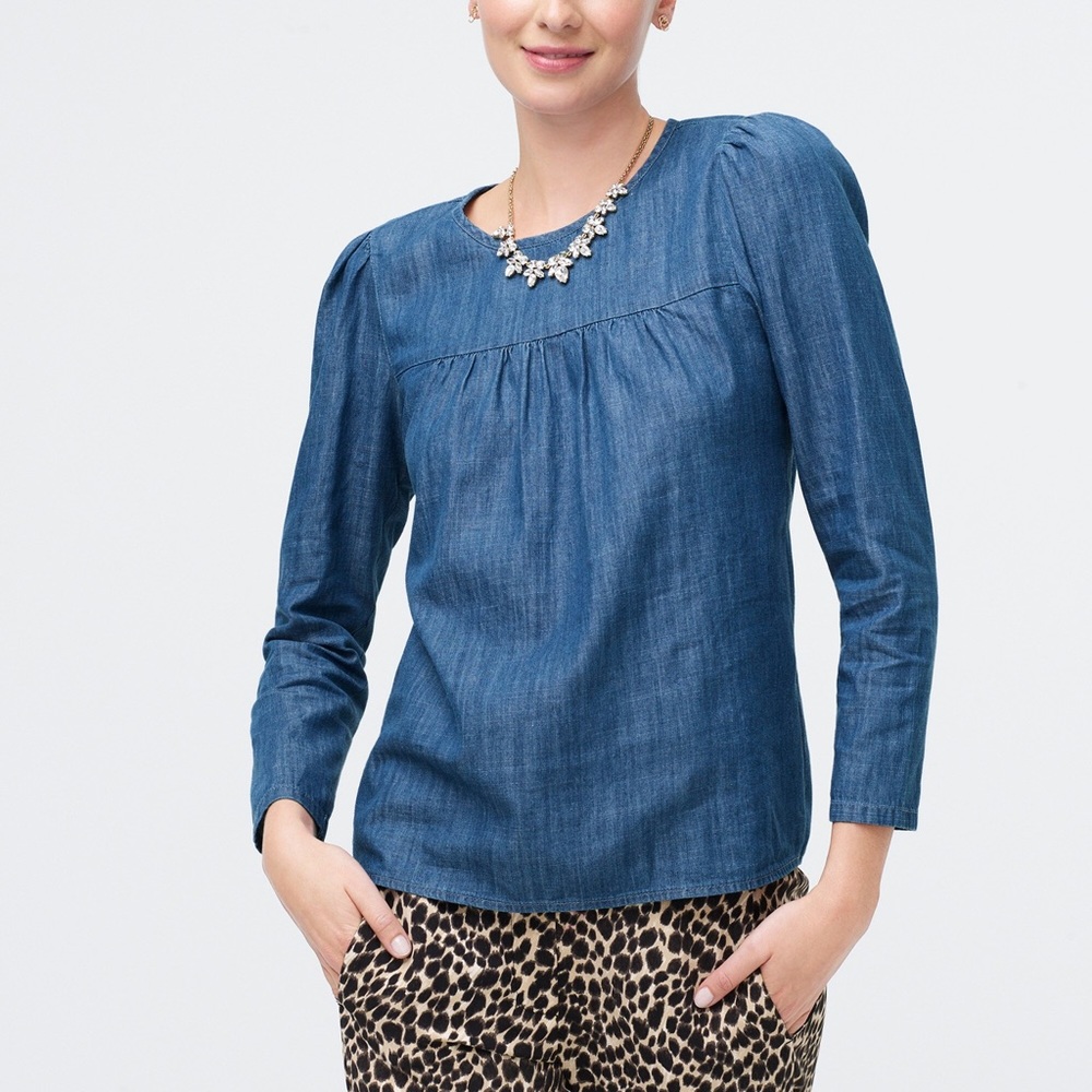 J. Crew Chambray Puff-Sleeve Top in Cotton-Tencel